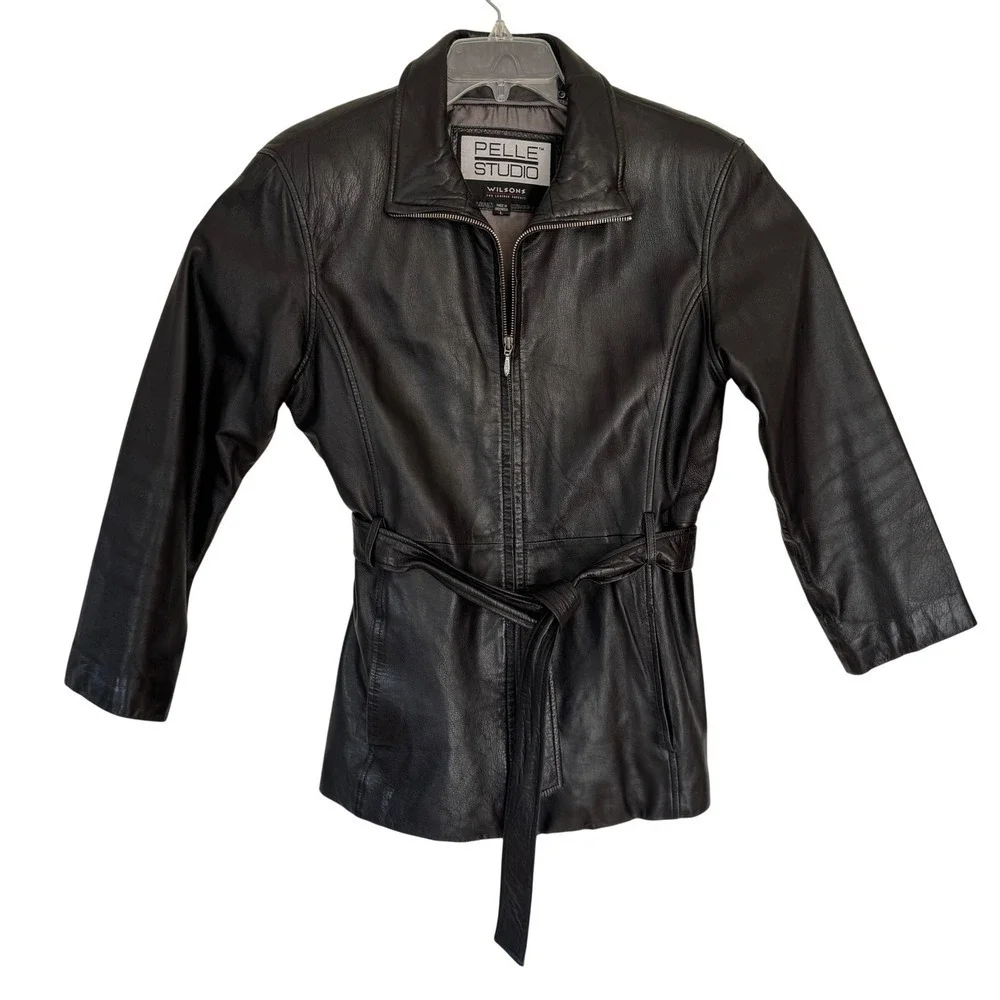 Vintage Leather Belted Jacket Womens Size L Wilsons Pelle Studio Black Full Zip